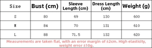 Size guide for bodycon knit dress showing bust and sleeve length in centimeters
