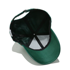 Detail showing inner 6-panel structure and 100% polyester lining of the baseball cap