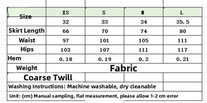 Detailed size chart with XS to L dimensions for houndstooth jacket and skirt set
