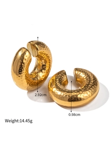 Detail view of gold hammered texture hoop earrings with size and weight dimensions