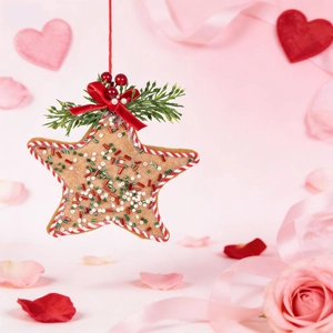 Gingerbread style star Christmas ornament with red bow and pine needles on pink background