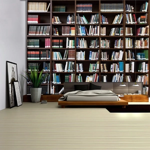 Detail of 3D retro library bookshelf wall tapestry with vintage brown wooden shelf design