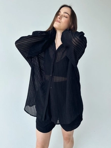 Women's black sheer textured two-piece set with long sleeve shirt and drawstring shorts