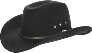 Close-up of black western cowboy hat featuring silver metal eyelets and brown leather band