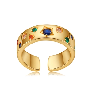 Elegant gold-plated adjustable ring with star-shaped blue stone and multicolor zircon accents