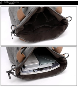 Detail view of grey canvas bag interior with multiple compartments and daily essentials
