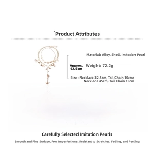 Detailed view of layered necklace with gold starfish, seashell charms and white pearls