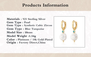 Detail view of 925 silver twist hoop earrings with pearl and turquoise in 10mm size