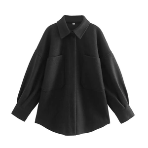 Flat lay of a black wool-textured shacket featuring large front pockets and a classic collar