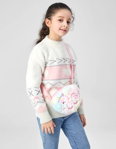 Kids plush unicorn crossbody bag, cute fluffy cartoon shoulder bag detail view for girls.