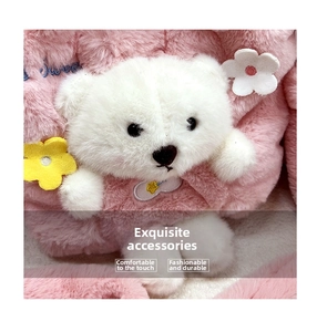 Close-up of pink faux fur bag with a 3D white teddy bear and Sweet embroidery detail