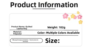 Detailed specifications for quilted polyester laptop sleeve weighing 102g with floral icons