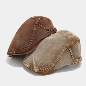 Vintage washed denim flat cap with adjustable metal buckle in workwear style