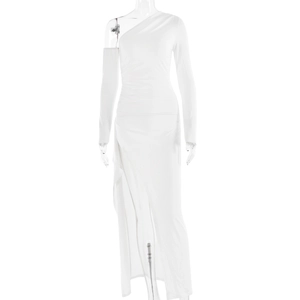 Detail showing white one-shoulder long sleeve dress with high slit and slim fit silhouette