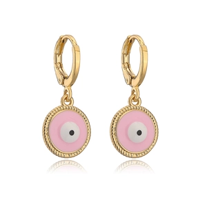 Macro detail of gold-plated evil eye hoop earrings with pink and white enamel finish