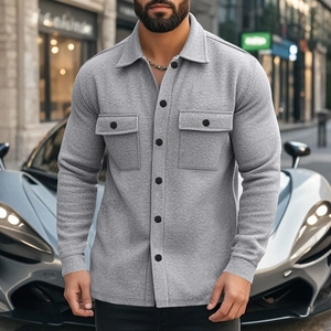 Detail of grey fleece-lined casual jacket with flap pockets and premium matte texture