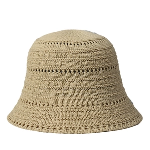 Breathable hollow knit beige bucket hat with textured vertical stripes on white background