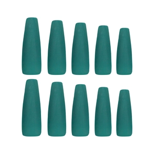 Matte dark green extra long coffin press-on nails in 10 sizes on a plain white background