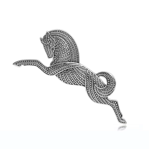 Retro galloping horse brooch in vintage silver metal finish with intricate textures