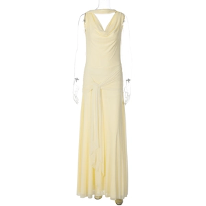 Detailed front view of a yellow cowl neck dress with waist drapes and ruching details