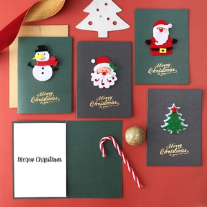 Christmas Greeting Card With Envelope Artificial Pearl Paper Dimensional Felt Santa Snowman Reindeer Tree Gold Foil Holiday Card