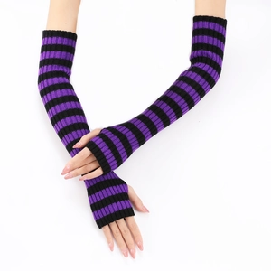 Close-up of black and purple striped knit arm warmers with a fingerless thumb hole design