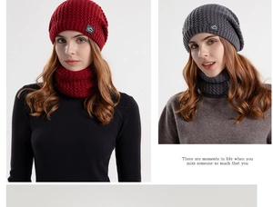 Detail of winter knit beanie and neck warmer set with ribbed texture and sport patch
