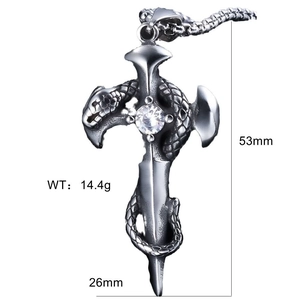 Macro view of a snake wrapped around a cross pendant with 53mm x 26mm dimensions