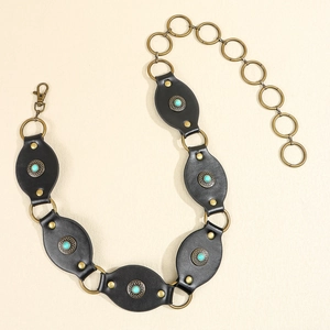 Cintura bohémien in pelle nera con pietre turchesi e anelli in metallo oro vintage