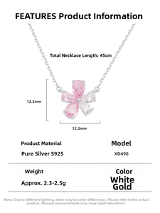 Detail showing 925 sterling silver floral necklace specs: 45cm chain and 12.5mm pendant size