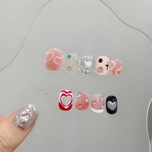 Handgefertigte Aufdrücknägel Kurz Quadratisch 3D Herz Strass Flüssiges Silber Rosa Verlauf Punk Y2K Süßer Cooler Stil Damen