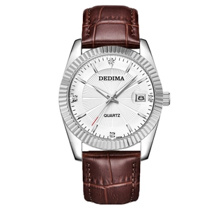 Elegant quartz watch with white sunray dial, fluted bezel, and brown leather strap