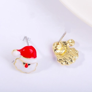 Macro shot showing front oil-drop details and back metal structure of Santa Claus earrings