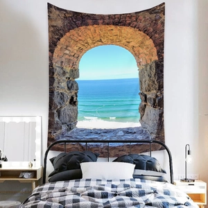 Detail of sea view tapestry with arch window design hanging in a cozy bedroom