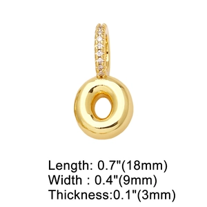 Detail showing dimensions of a gold-plated letter charm with pave-set zircon clasp