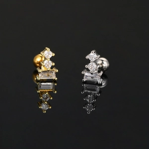 Zircon inlaid titanium steel earrings with round and rectangular crystals in gold and silver
