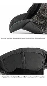 Détail de casquette d'hiver chaude avec doublure pelucheuse et visière en cuir PU