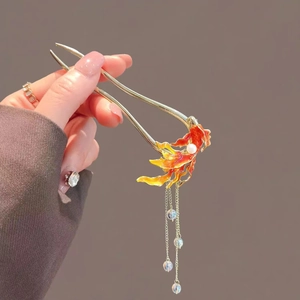 New Chinese style U-shaped gold hair pin with enamel goldfish and pearl tassels