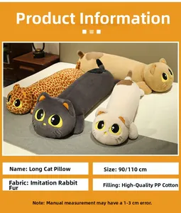 Detailed size specifications for long plush cat body pillows in various animal patterns