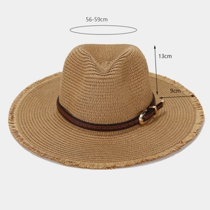 Women's summer straw beach hat with woven leather band and frayed edges, 56-59cm fit
