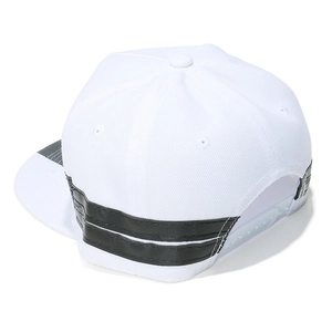 Rear view of white flat brim baseball cap with black side stripes and adjustable snapback