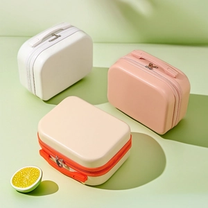 Mini 14-inch hard shell cosmetic suitcase available in white, pink, and beige travel cases