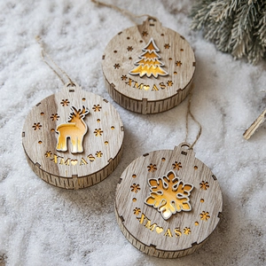 Christmas round wooden LED pendant with reindeer and snowflake cutout designs on snow