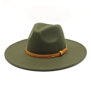 Detail of olive green fedora with wide flat brim and brown braided decorative belt