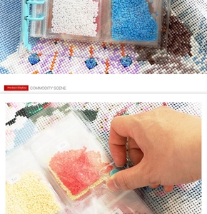 Detailed view of 5D diamond painting organizer with transparent storage bags and resin drills