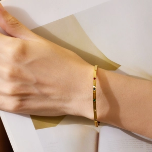 18k gold plated stainless steel C-shape bangle with five colorful zircon stones