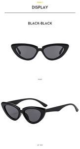 Front and 45-degree side views of black cat-eye sunglasses with dark lenses