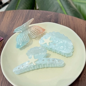 Pinces À Cheveux En Acrylique Étoile De Mer Coquillage Papillon Sirène Dégradé Rhinestone Bleu Thème Océan Été Femmes