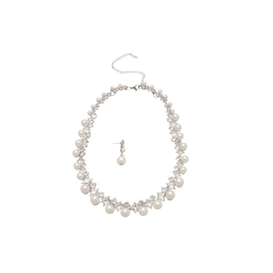 Elegant silver diamond rhombus and pearl necklace with matching earrings jewelry set