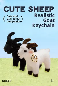 Detail showing plush black and white goat keychains with soft faux fur texture